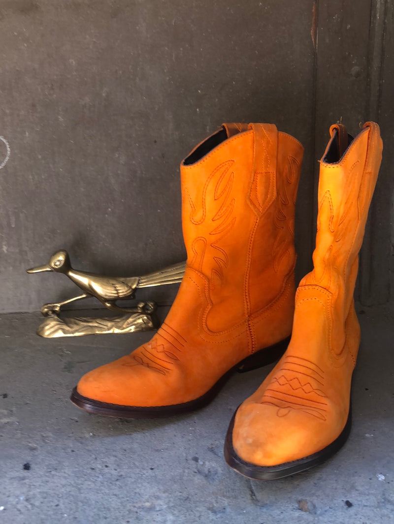(RR2443) Faux Orange Suede Mini Cowboy Boots