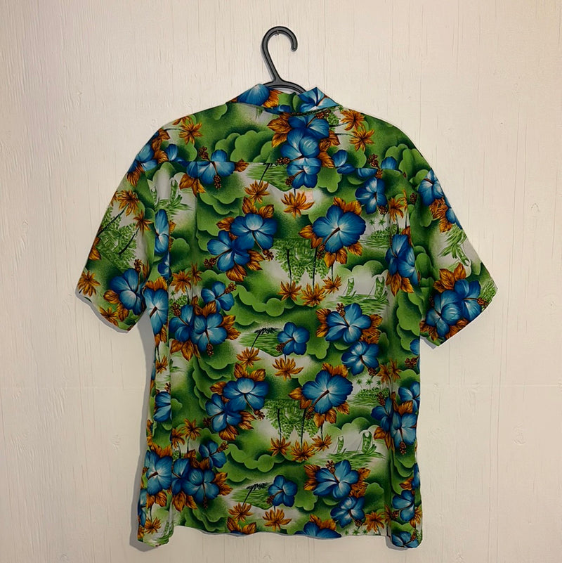 (RR2764)Vintage Green Hibiscus and Palm Tree Print Hawaiian Shirt