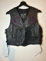 (RR3219) Fringe Leather Vest w/ Purple Floral Inlay & Beadwork