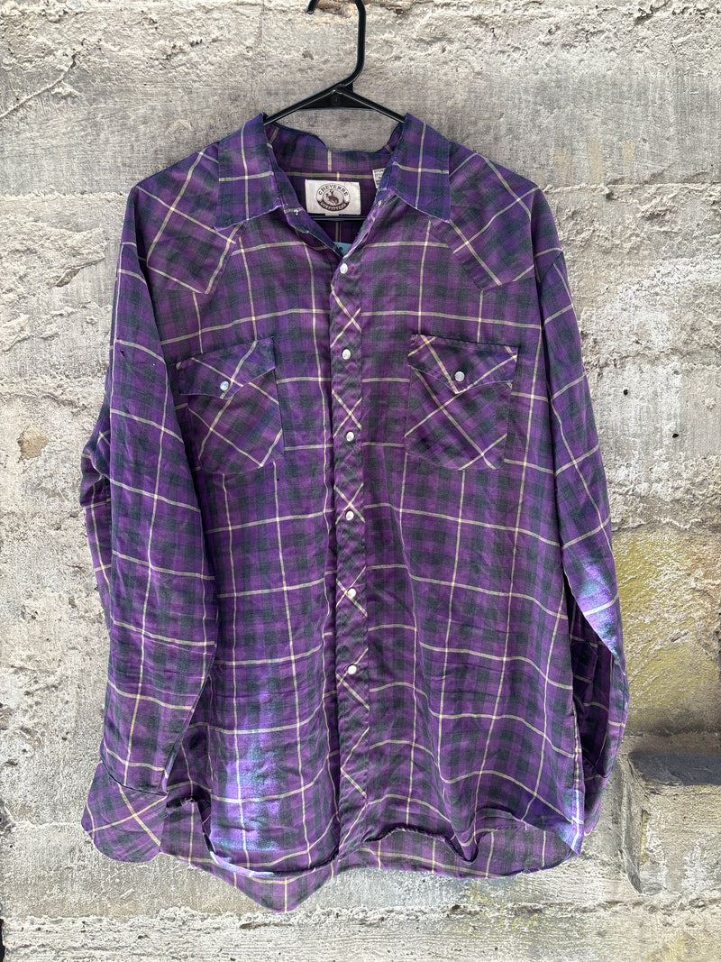 (RR3203) Vintage Purple Plaid Pearl Snap Western Button Down Shirt