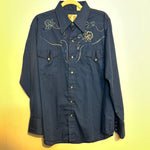 (RR2923) Vintage Blue Single Stitch Embroidered Yoke Pearl Snap Western Button Down Shirt