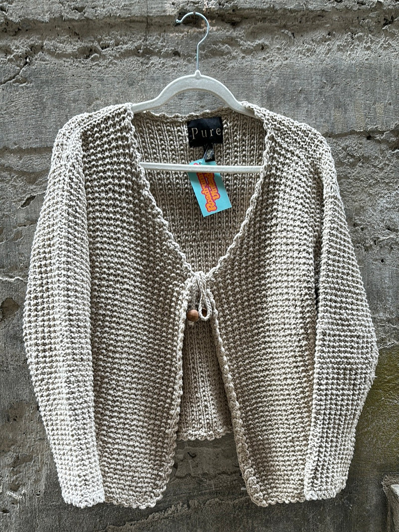 (NIC117) Hand Knit Cotton Beige Tie Cardigan