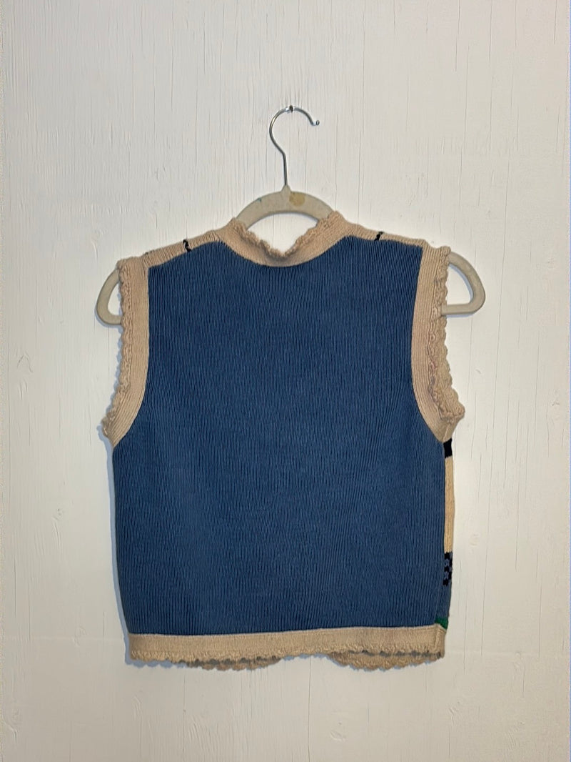 (RR2877) Vintage Patchwork Embroidered Knit Button Down Vest