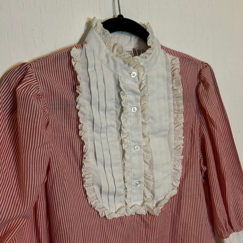 (RR2754)Vintage Red Pinstripes White Lace Mock Neck Collar Blouse