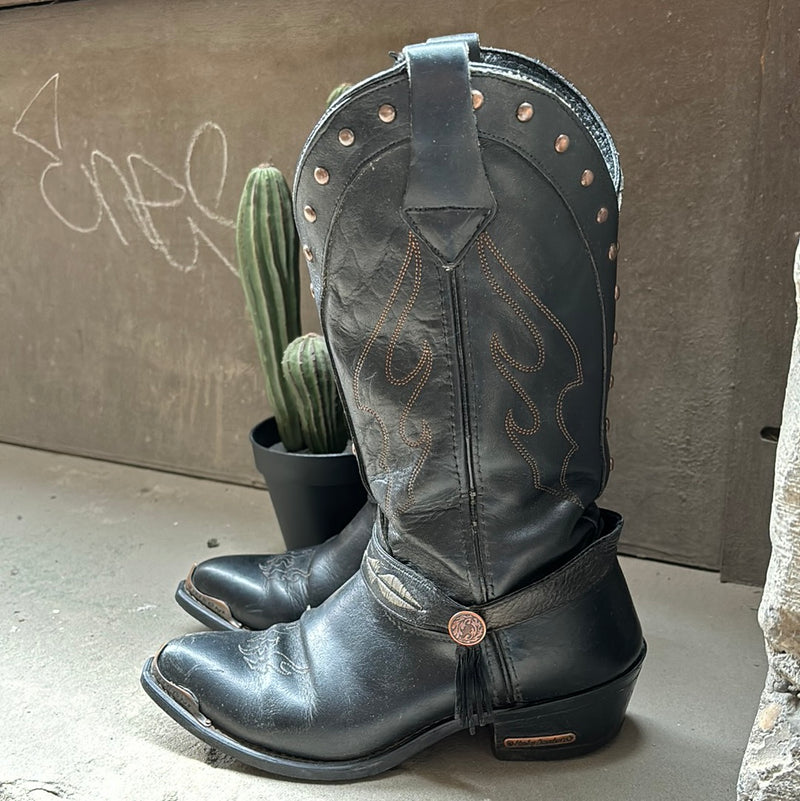 (RR3093) Harley Davidson Leather and Brass Detail Cowboy Boots