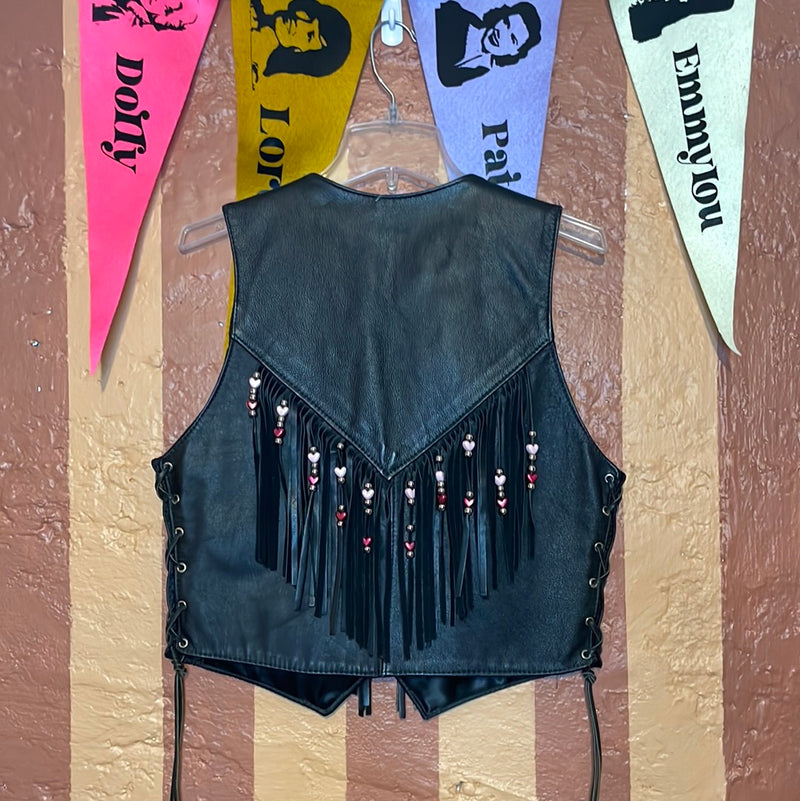 (RR2272) Cute Black Leather Vest with Heart Beaded Fringe