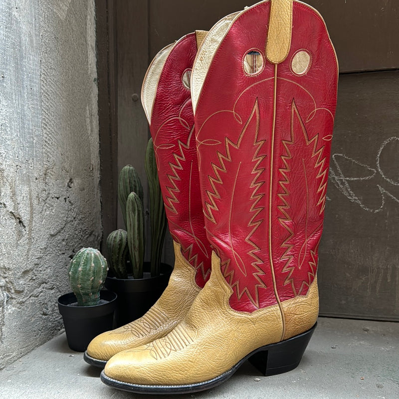 (RR3065) Beige & Red Cowboy Boot