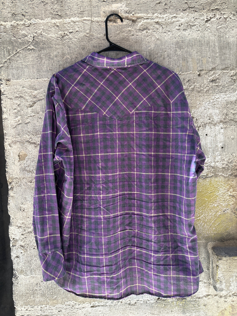 (RR3203) Vintage Purple Plaid Pearl Snap Western Button Down Shirt