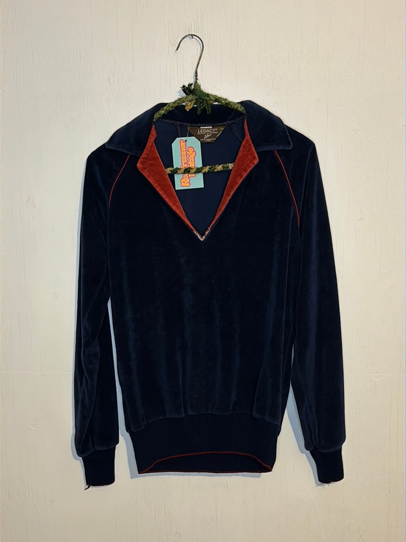 (RR3049) Vintage Navy Velour Collared Pullover