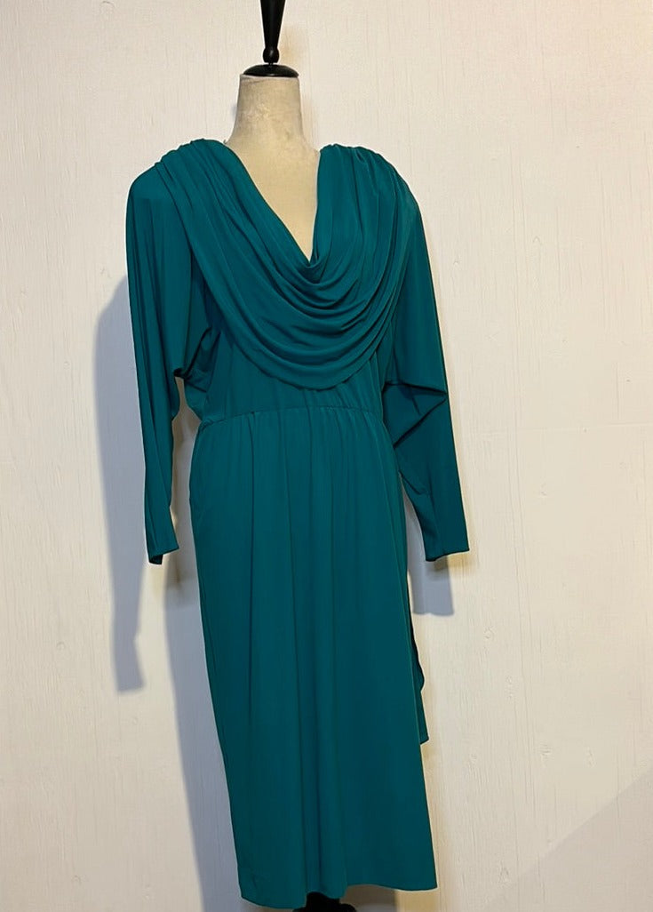 (RR2743) Vintage Plunging Cowl Neckline Teal Dress