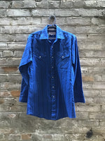 (RR3151) Vintage Blue and Black Striped Pearl Snap Western Button Down Shirt