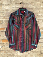 (RR3205) Vintage Striped Pearl Snap Western Button Down Shirt