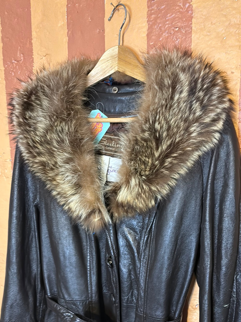 (RR2686) Vintage Sterling Genuine Fur Collar Leather Car Coat