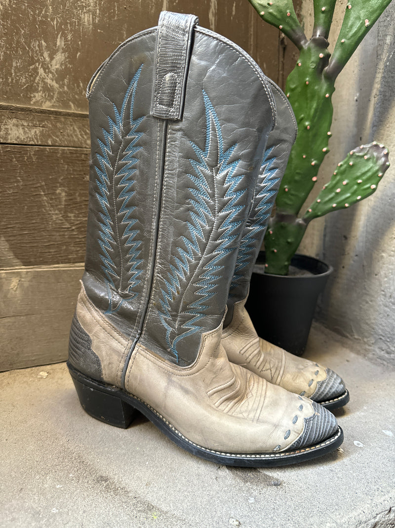 (RR3460) Two Tone Grey w/ Blue Stitching Cowboy Boots