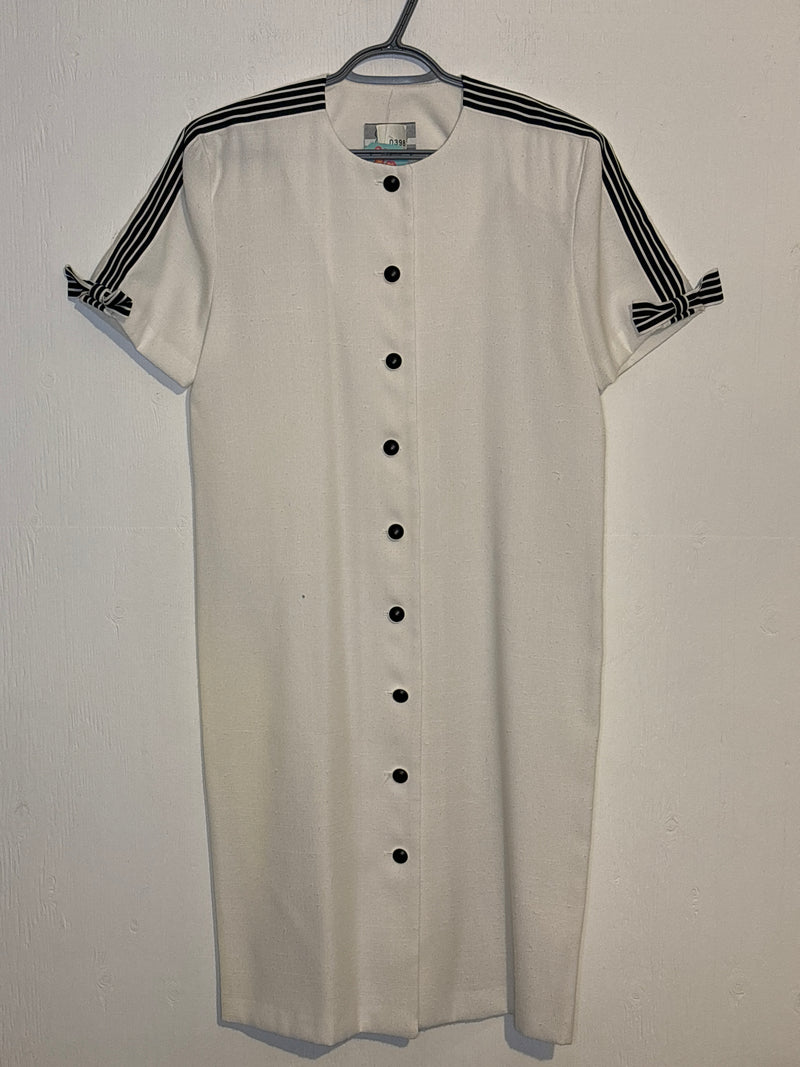 (RR3269) Vintage White Linen Black Striped Shift Dress