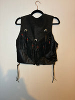 (RR3116) Black Leather Fringe Vest w Heart Beads