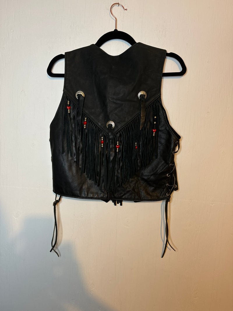 (RR3116) Black Leather Fringe Vest w Heart Beads