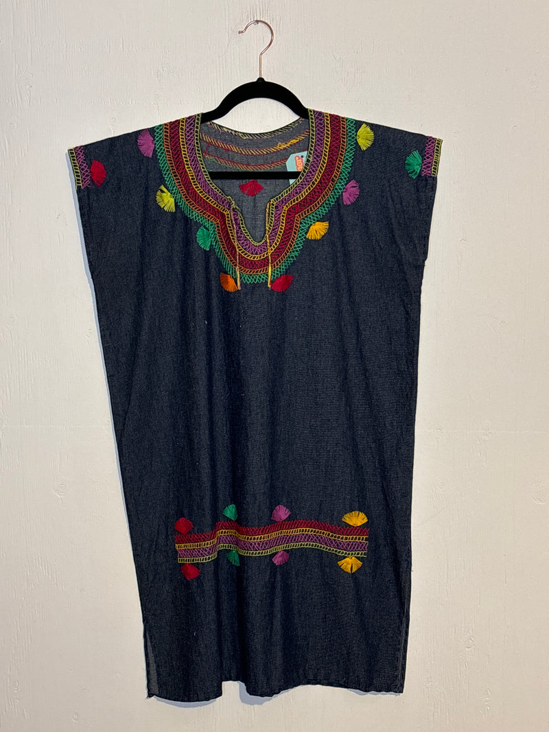 (RR3289) Vintage Denim Embroidered Huipil Style Tunic