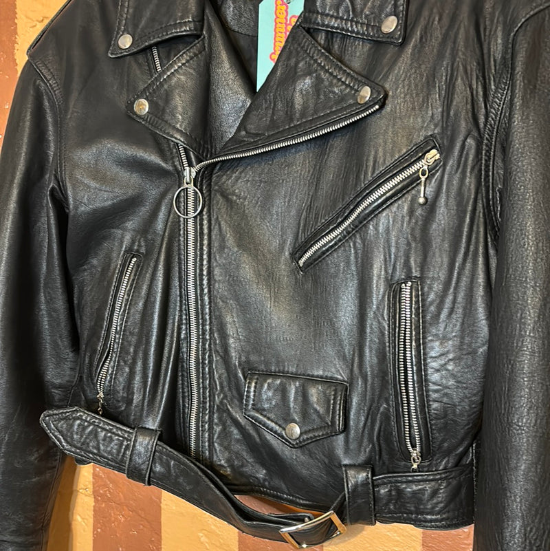 (RR2687) Vintage Crop Black Leather Moto Jacket
