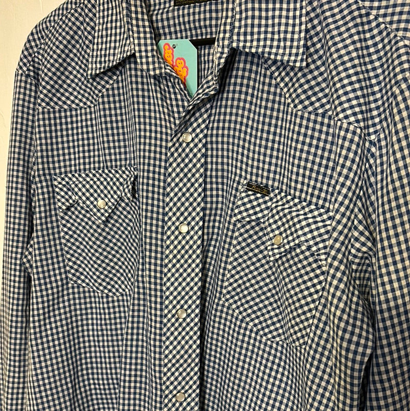 (RR2757)Vintage Bar-M Rancher Blue Gingham Pearl Snap Western Button Down Shirt