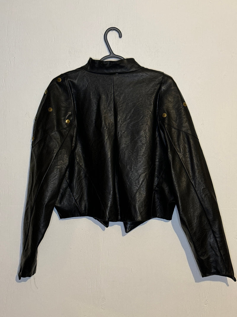 (RR3294) Black Leather Brass Button Crop Leather Jacket