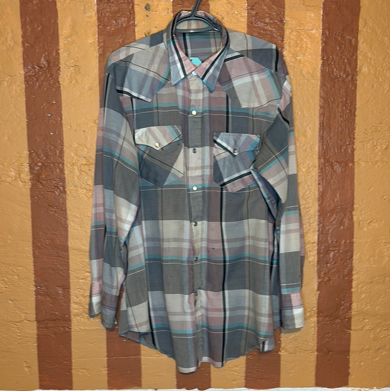 (RR2625) Vintage Pink, Blue and Grey Pearl Snap Western Button Down