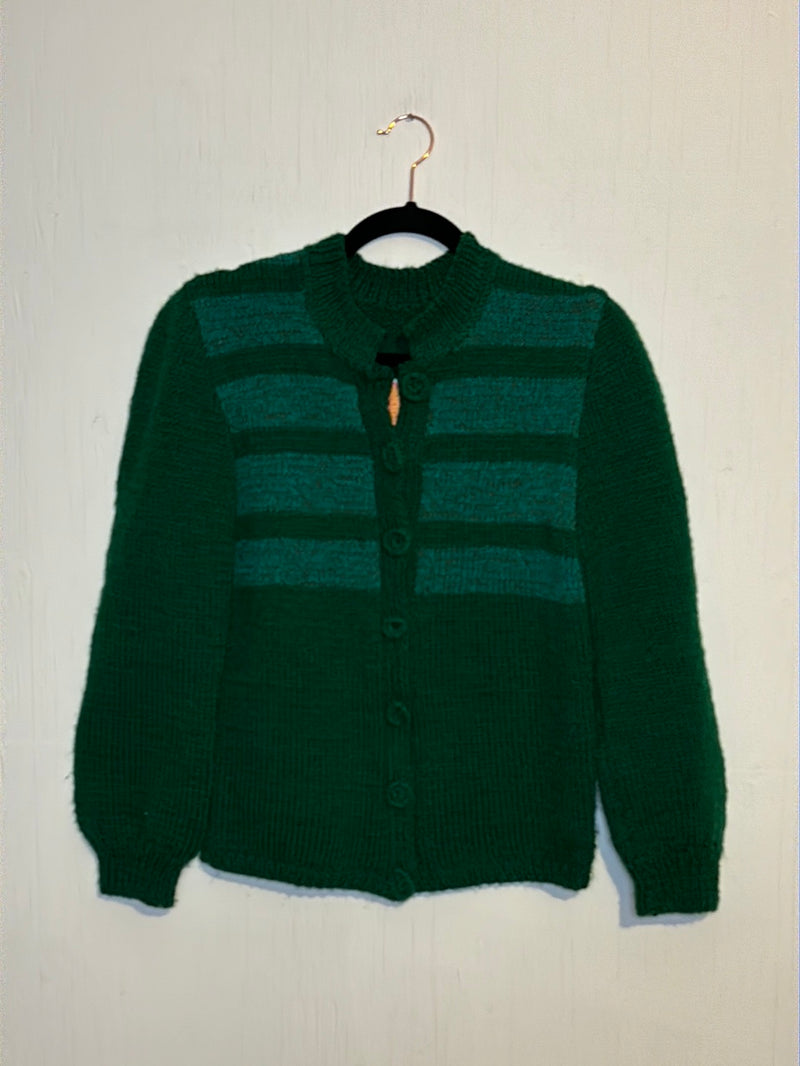 (RR2891) Vintage Handmade Green Crochet Button Down Cardigan