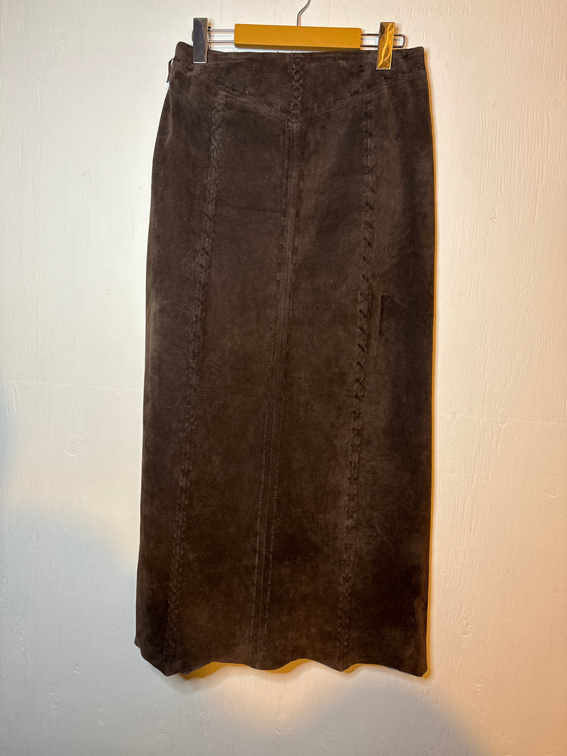 (RR3188) Chocolate Brown Suede Pencil Skirt with Western Detail