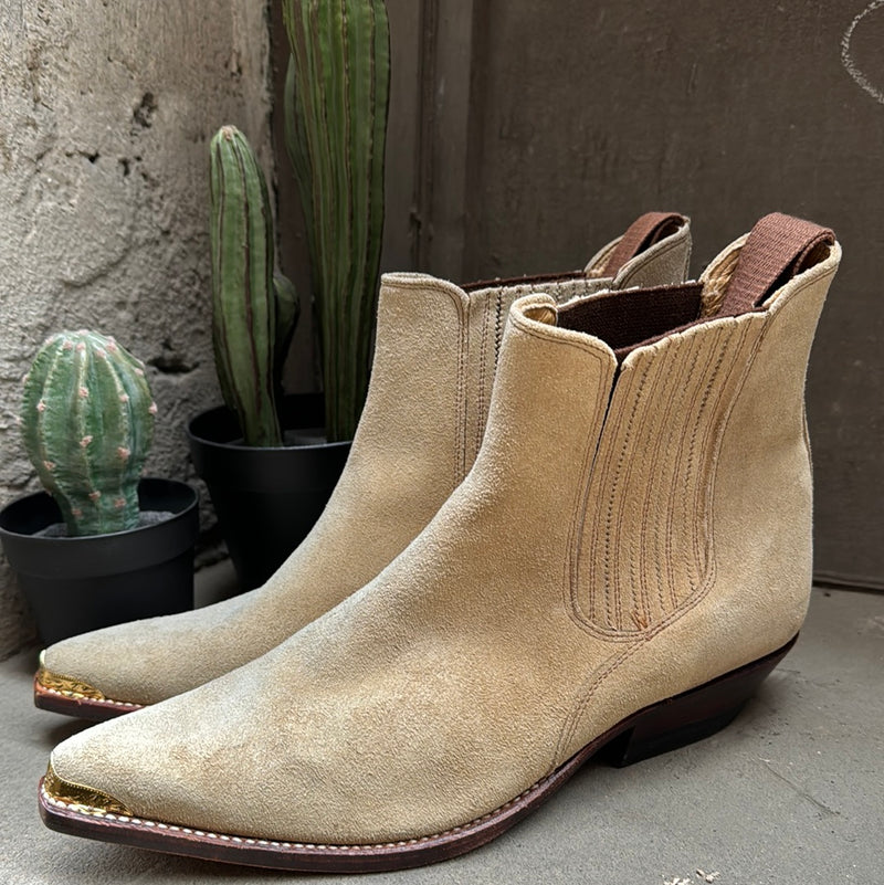 (RR3072) Beige Suede Pull on Short Boot Gold Toecap