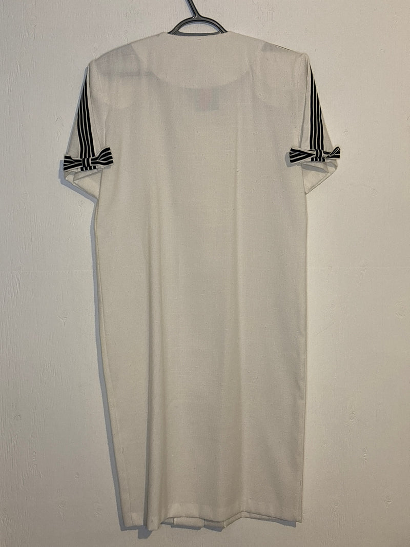 (RR3269) Vintage White Linen Black Striped Shift Dress