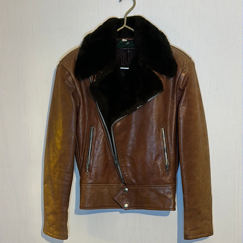 (RR2753) Vintage Brown Leather and Faux Fur Collar Aviator Jacket