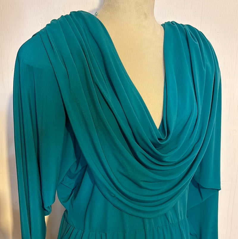 (RR2743) Vintage Plunging Cowl Neckline Teal Dress