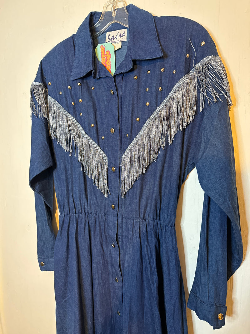 (RR3108) Denim Fringe Full Length Dress