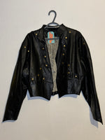 (RR3294) Black Leather Brass Button Crop Leather Jacket