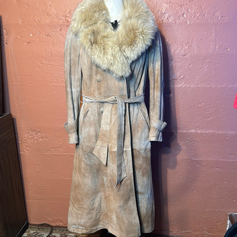 (RR2660) Fur Trimmed Suede Full-Length Coat