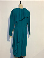 (RR2743) Vintage Plunging Cowl Neckline Teal Dress