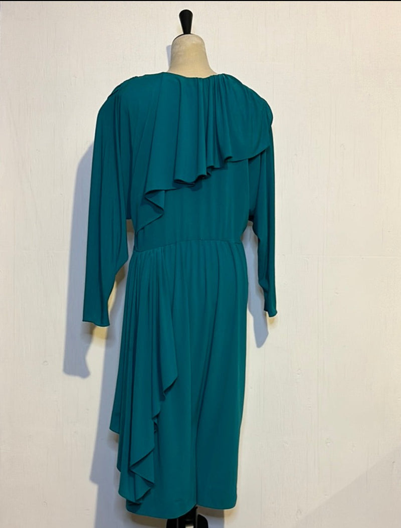 (RR2743) Vintage Plunging Cowl Neckline Teal Dress