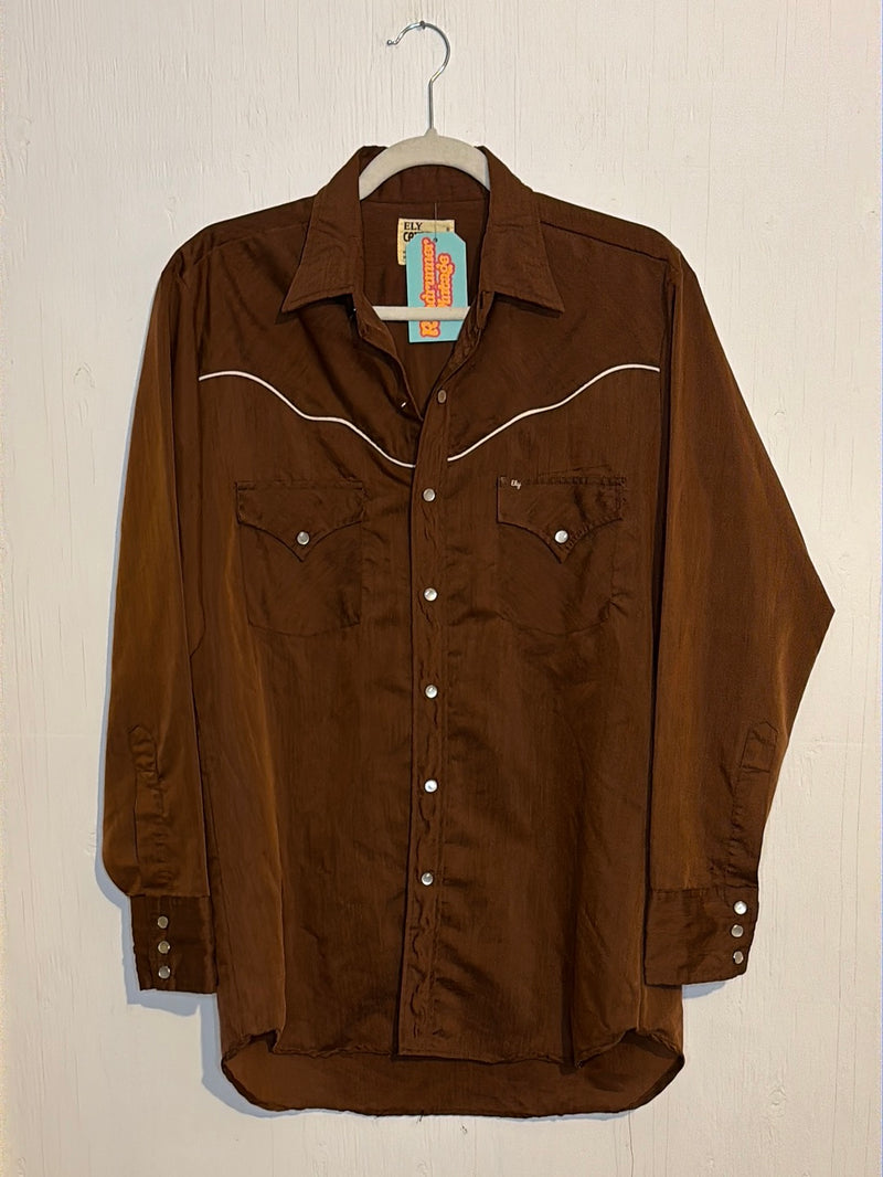 (RR2951) 1970s Brown Pearl Snap Western Button Down Shirt