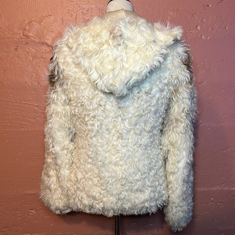 (RR2662) Beige & Dark Brown Curly Lambswool Hooded Cropped Fur Jacket