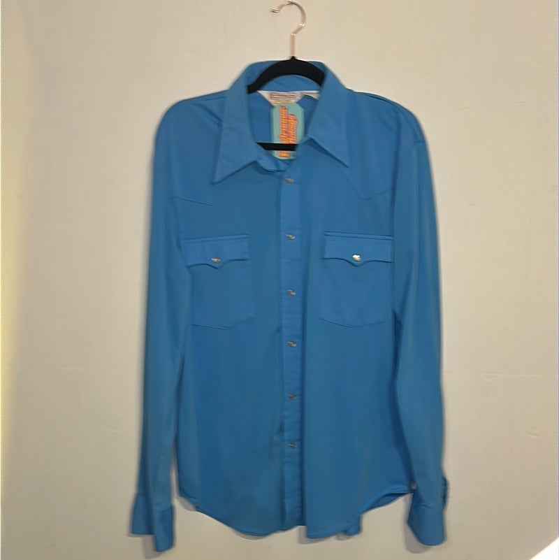 (RR2912) Vintage Blue Western Pearl Snap Button Down Shirt