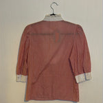 (RR2754)Vintage Red Pinstripes White Lace Mock Neck Collar Blouse