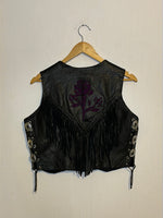 (RR3050) Vintage Black Leather Crop Fringe Floral Detail Moto Vest