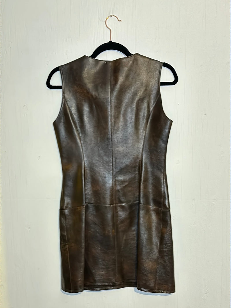 (RR2943) Brown Leather Zip Down Mini Dress