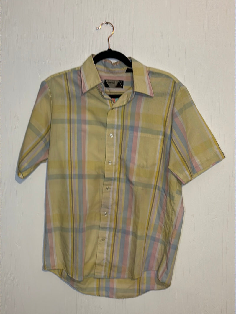(RR2892) Vintage Single Stitch Pastel Plaid Short Sleeve Button Down Shirt