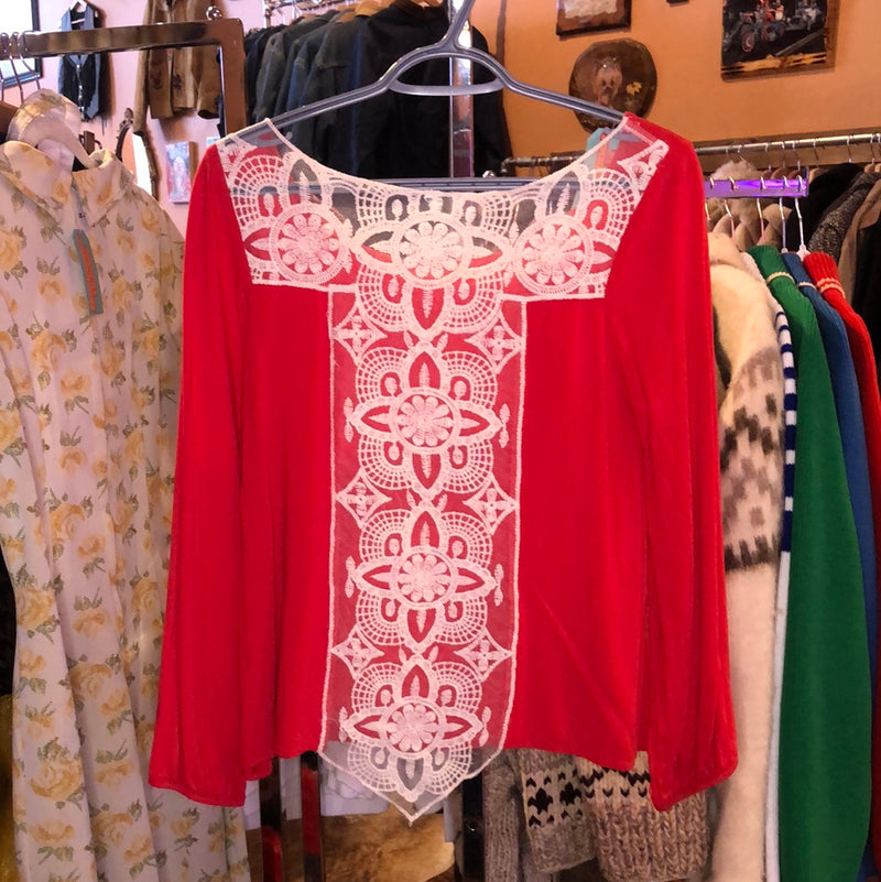 (RR2577) Vintage Red Lace Panel Blouse