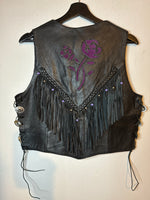 (RR3219) Fringe Leather Vest w/ Purple Floral Inlay & Beadwork