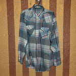 (RR2625) Vintage Pink, Blue and Grey Pearl Snap Western Button Down