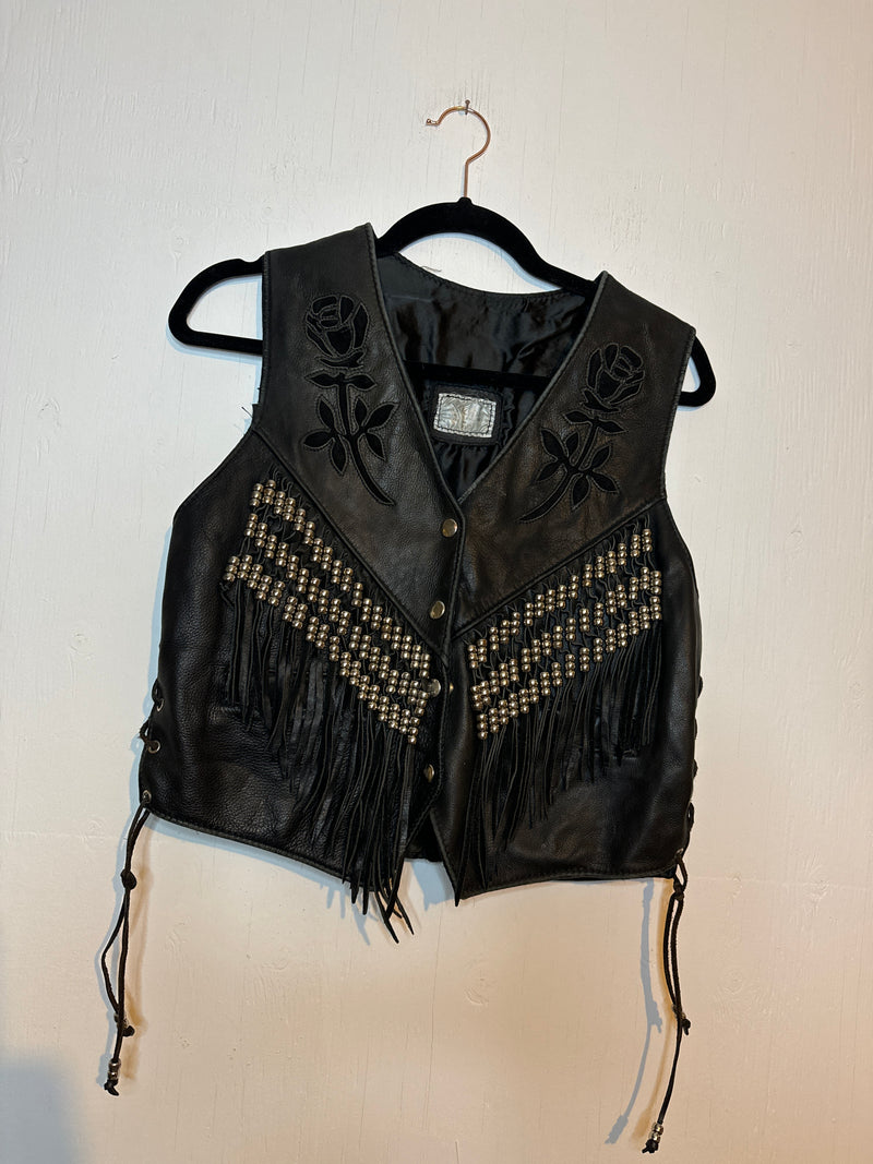 (RR3112) Beaded Black Fringe Leather Vest