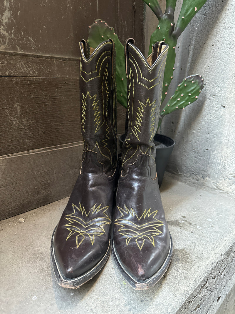 (RR3464) Brown Cowboy Boot Yellow Stitching