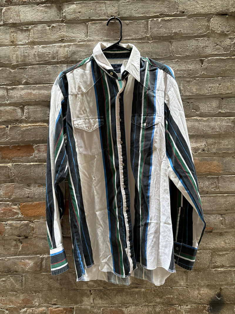 (RR3210) Vintage Wrangler Chambray Striped Pearl Snap Western Button Down Shirt